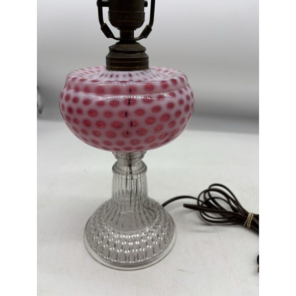 Antique Hobbs Cranberry Coin Spot Opalescent Glass Kerosene Oil Lamp Electrified - Picture 4 of 7